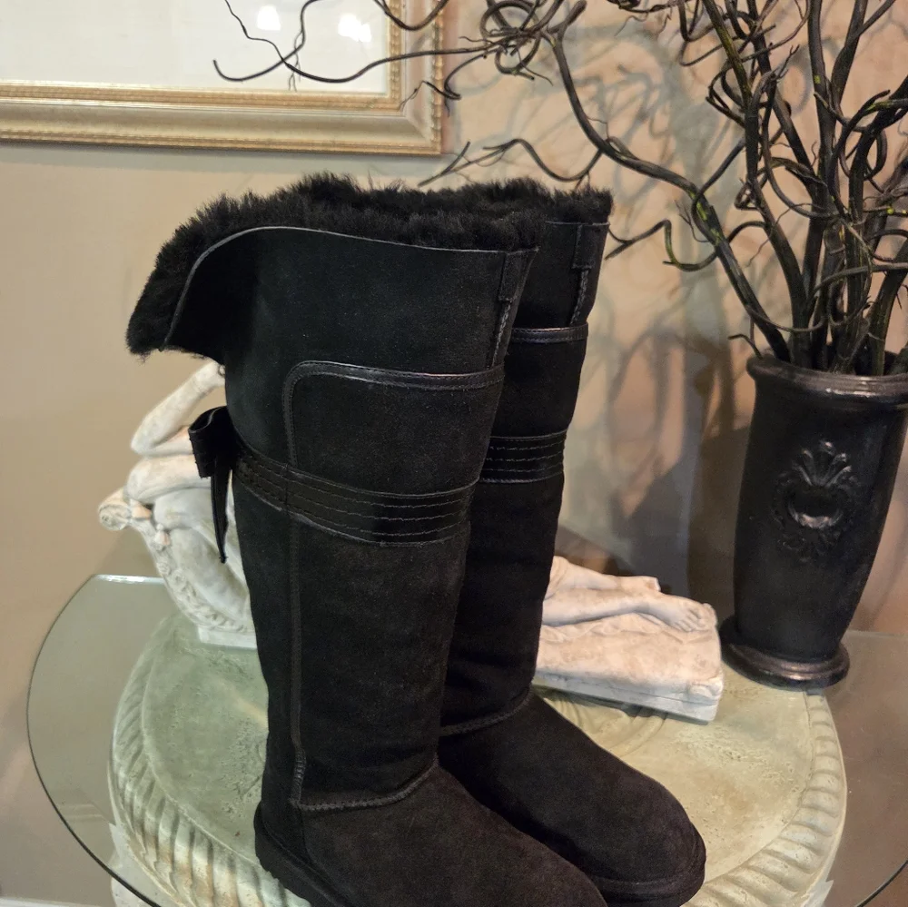 Ugg Genevieve Over The Knee Boots Suede Leather Fur Bows Designer Luxury #159